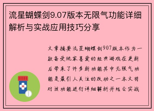 流星蝴蝶剑9.07版本无限气功能详细解析与实战应用技巧分享